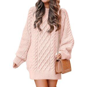 Women Oversized Cable Knit Sweater Pink Chunky Long Sleeve Fall Winter Outfit